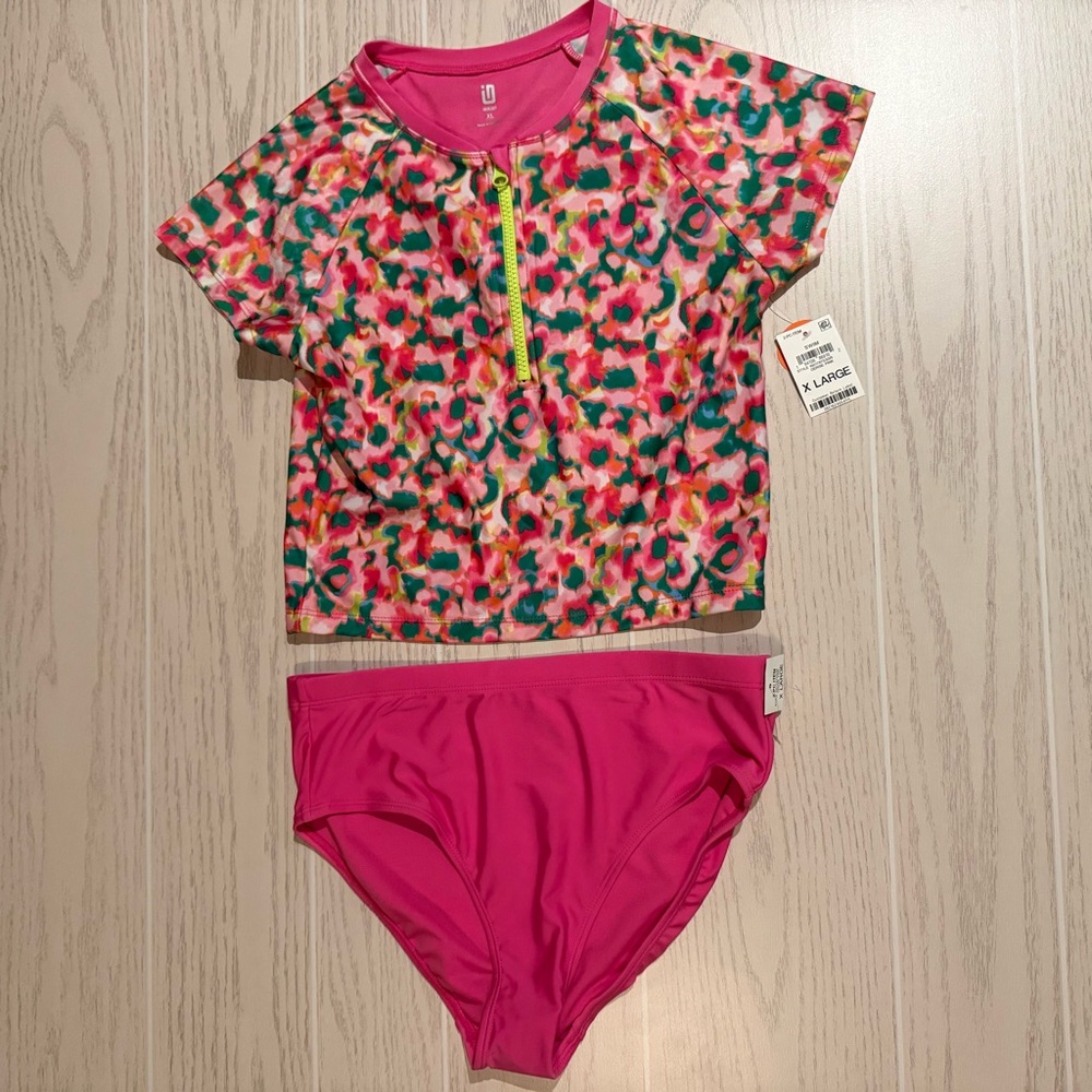 Ideology Girls Size XL Pink Floral Rash Guard Swim Set‎ 2Pc UPF50 Beach NEW